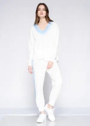 Shifted Hem Sweatshirt Solid V-Neck Sprayed