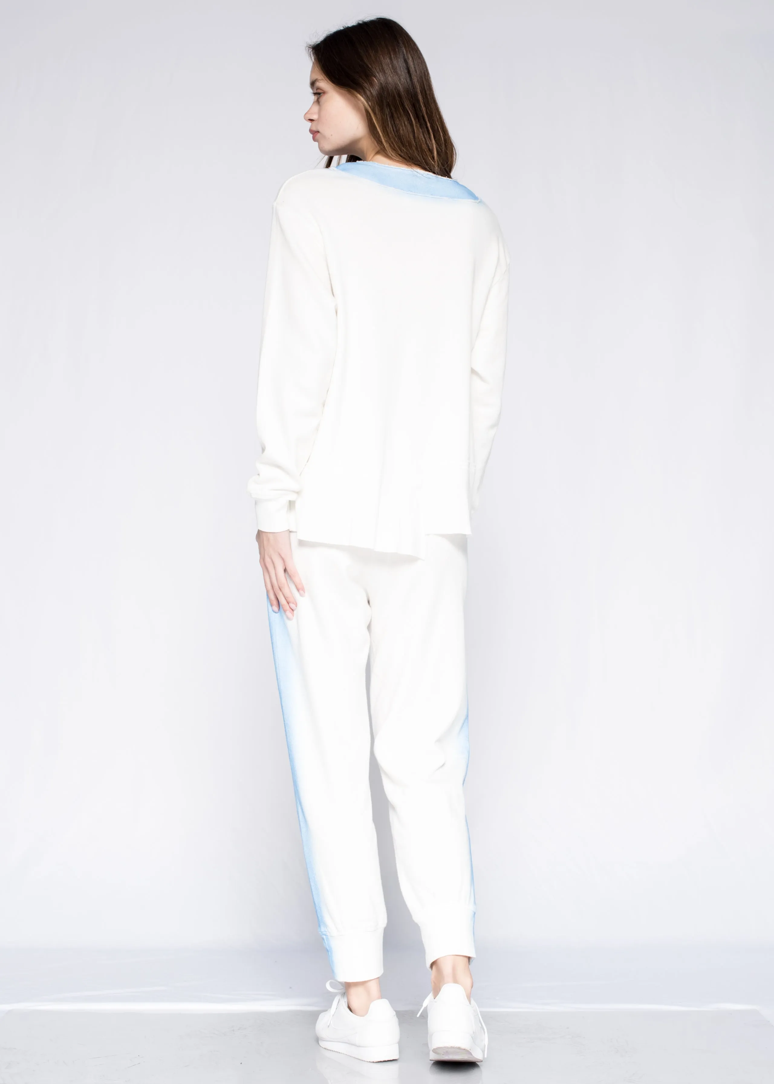 Shifted Hem Sweatshirt Solid V-Neck Sprayed