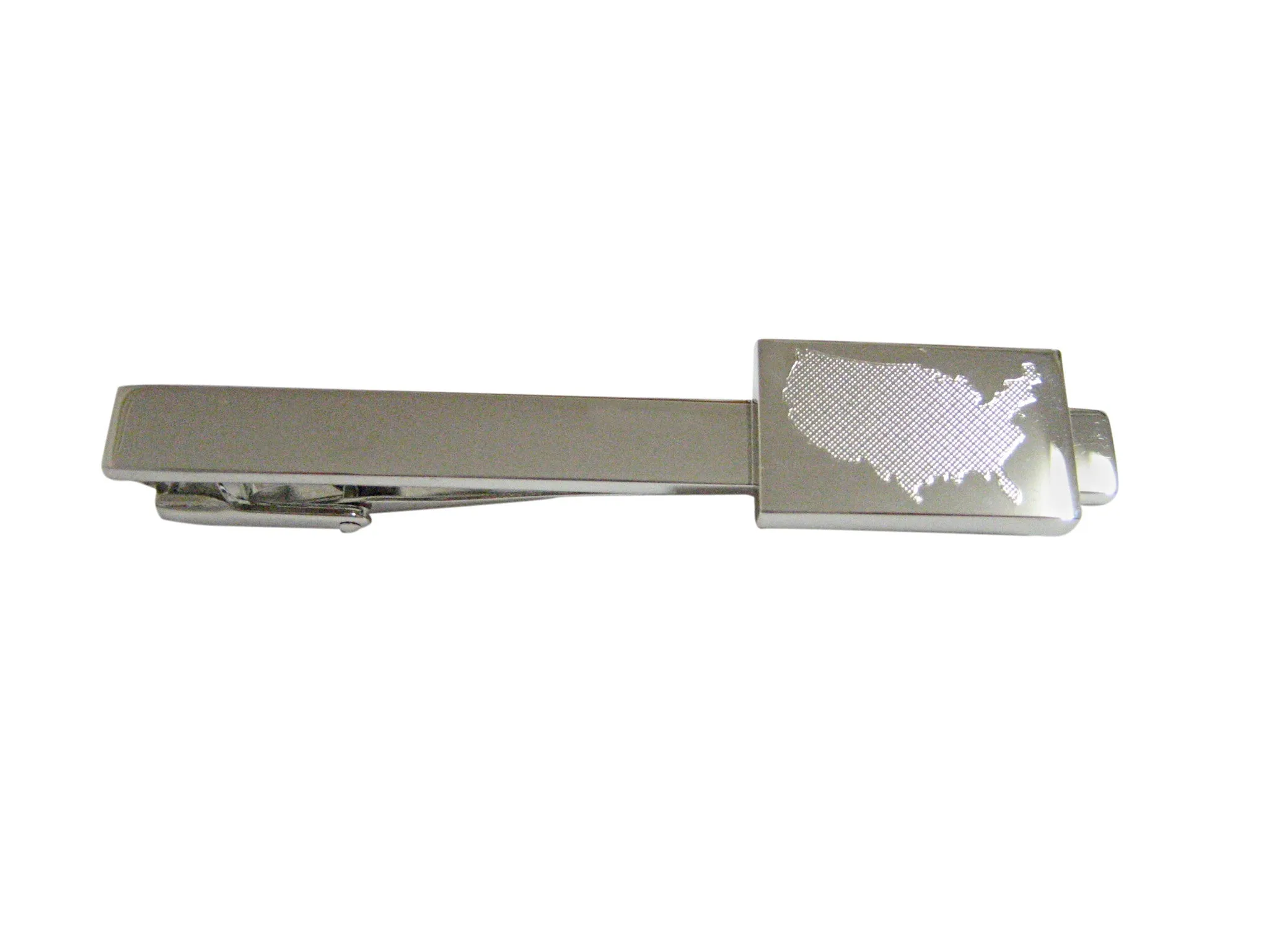 Silver Toned Etched USA America Map Shape Square Tie Clip