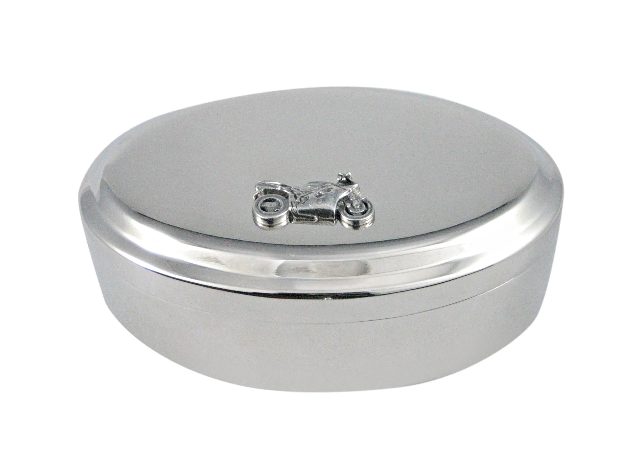 Silver Toned Textured Modern Motorcycle Pendant Oval Trinket Jewelry Box