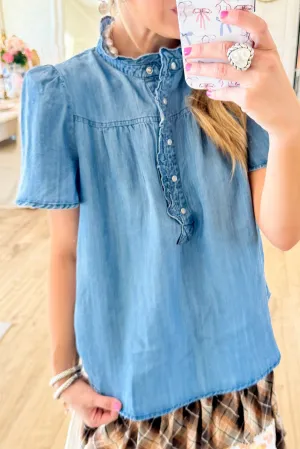 Sky Blue Frilled Collar Half Button Denim Peasant Top