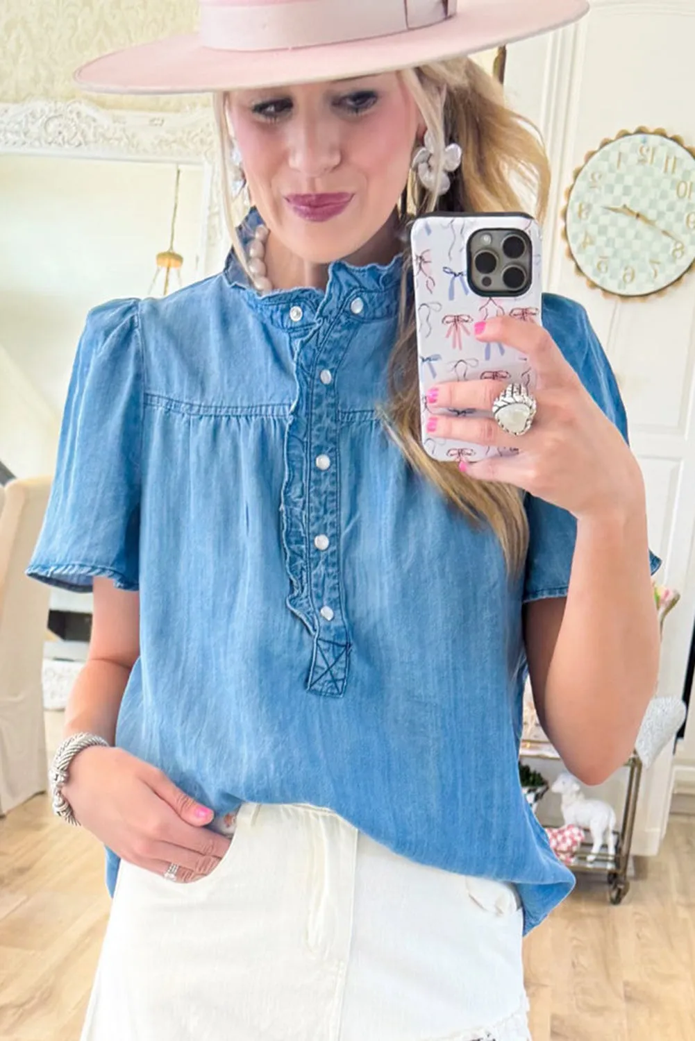 Sky Blue Frilled Collar Half Button Denim Peasant Top