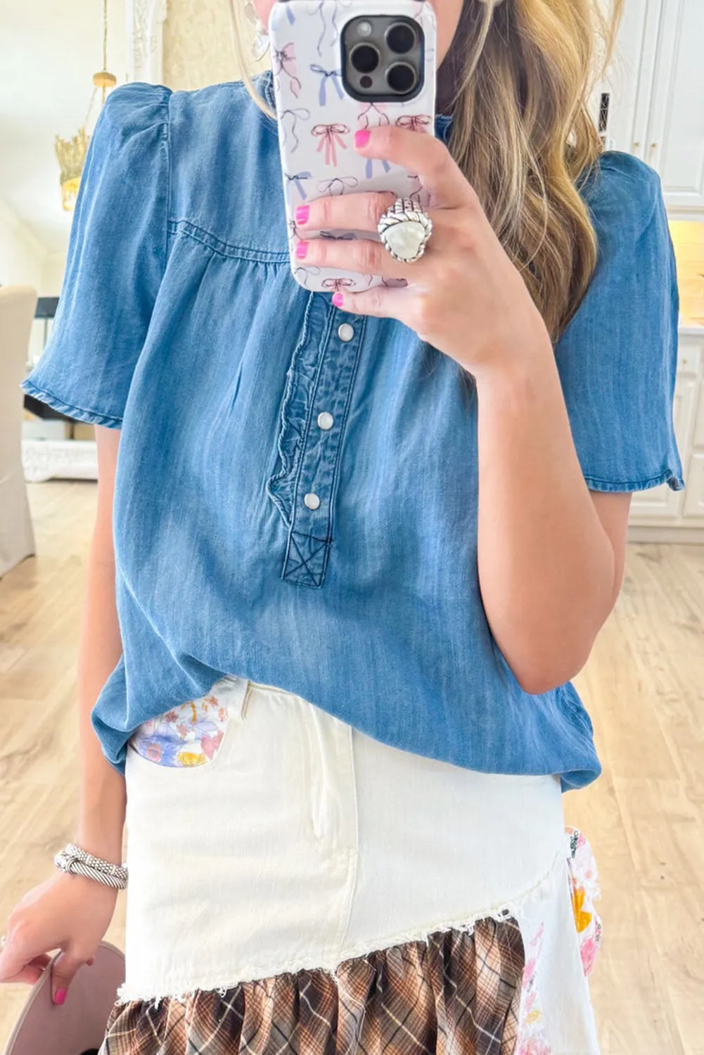 Sky Blue Frilled Collar Half Button Denim Peasant Top