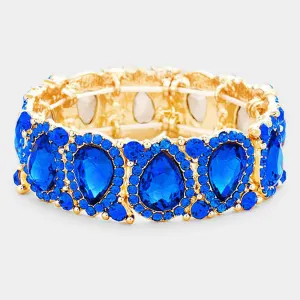 Slim Sapphire Crystal Pear and Rhinestone Stretch Bracelet on Gold | Pageant Jewelry | 382427