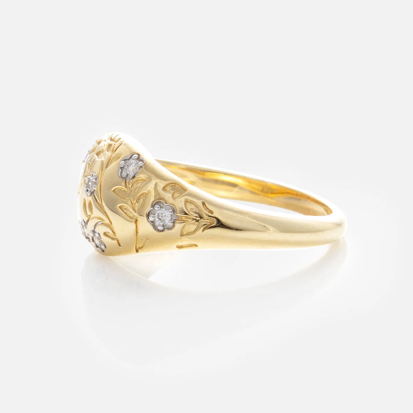 Solid Gold Floral Etched Diamond Pinky Ring
