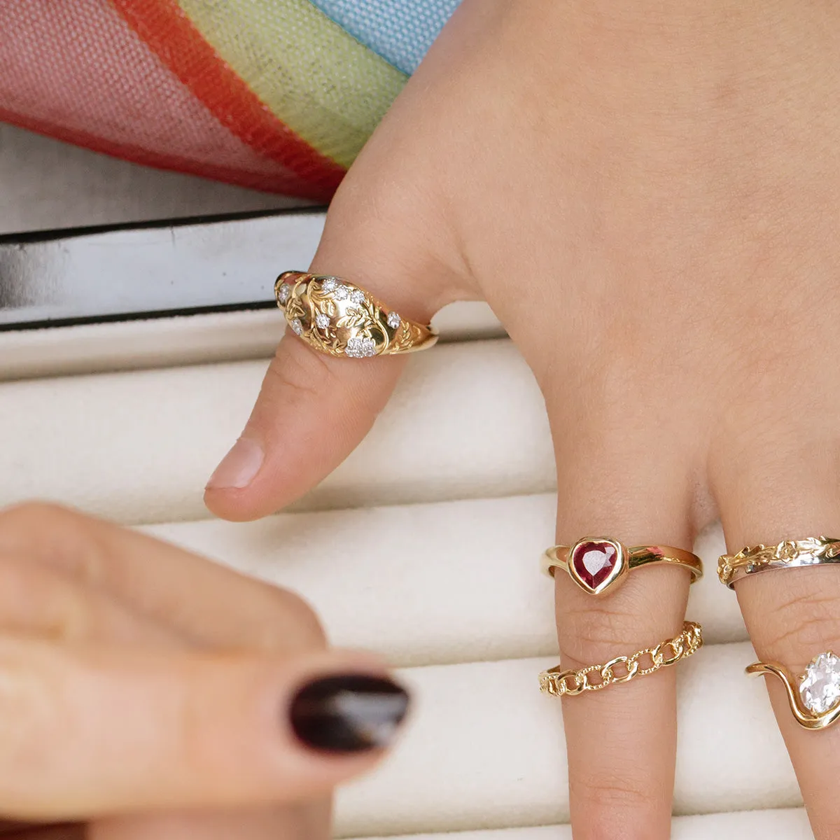 Solid Gold Floral Etched Diamond Pinky Ring
