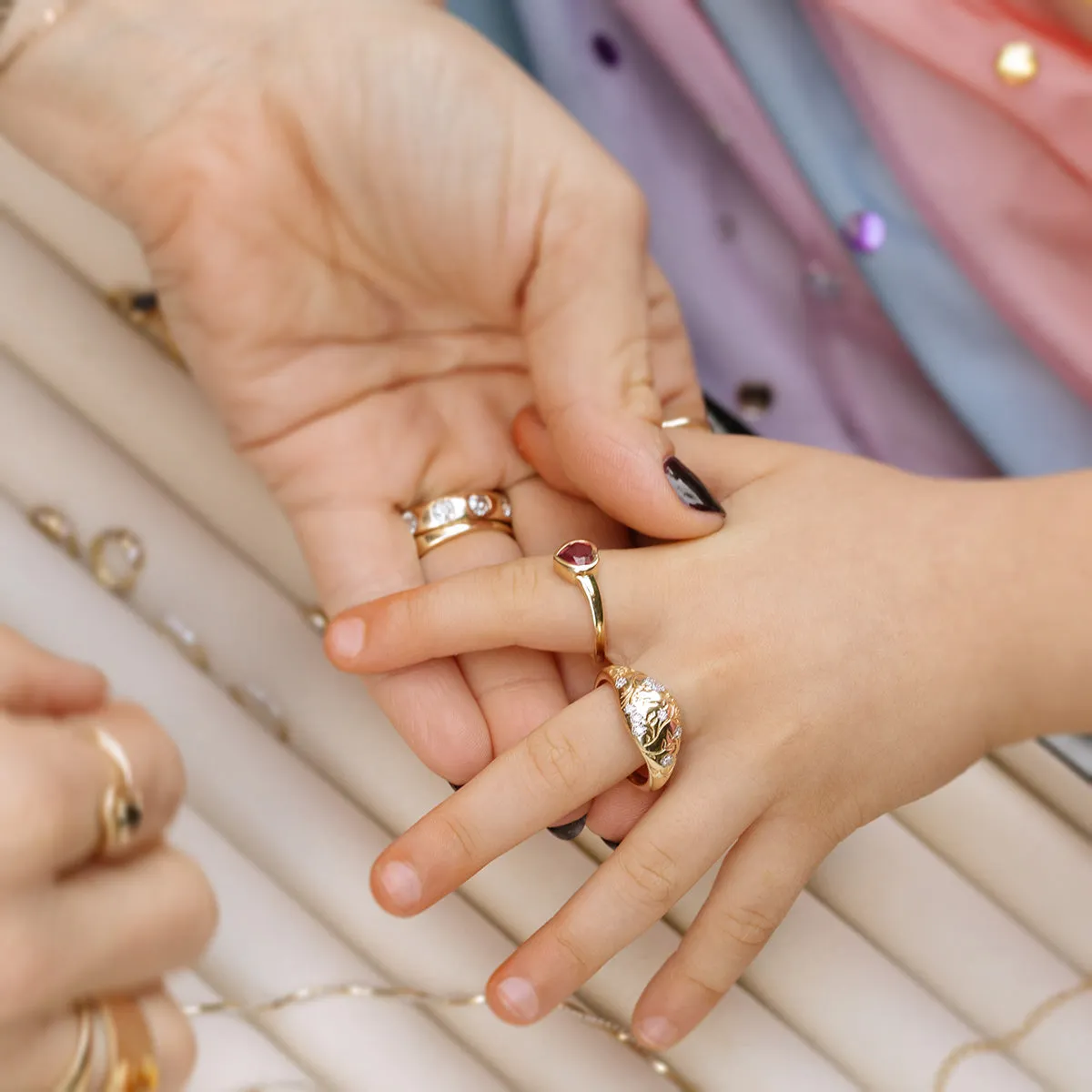 Solid Gold Floral Etched Diamond Pinky Ring
