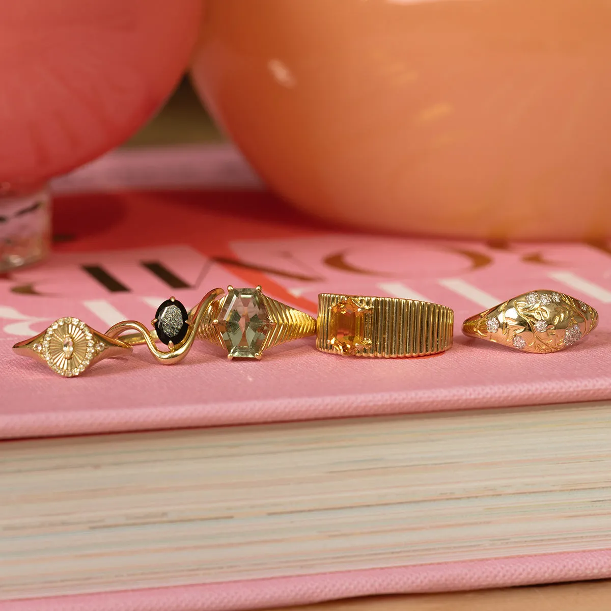 Solid Gold Floral Etched Diamond Pinky Ring