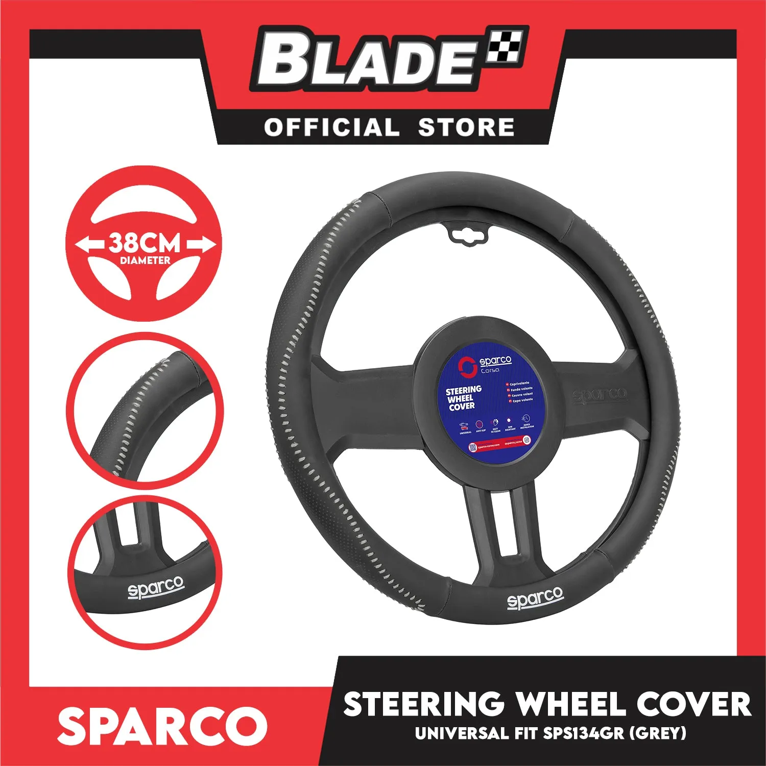 Sparco Corsa Steering Wheel Cover SPS134GR (Grey) Universal Fit for Toyota, Mitsubishi, Honda, Hyundai, Ford, Nissan, Suzuki, Isuzu, Kia, MG and more