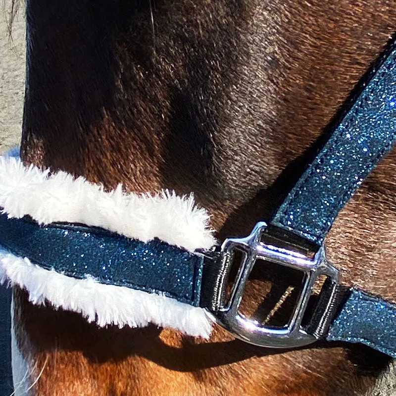 Sparkly Glitter Halter with Vegan Fur Navy Blue