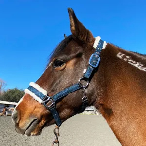 Sparkly Glitter Halter with Vegan Fur Navy Blue