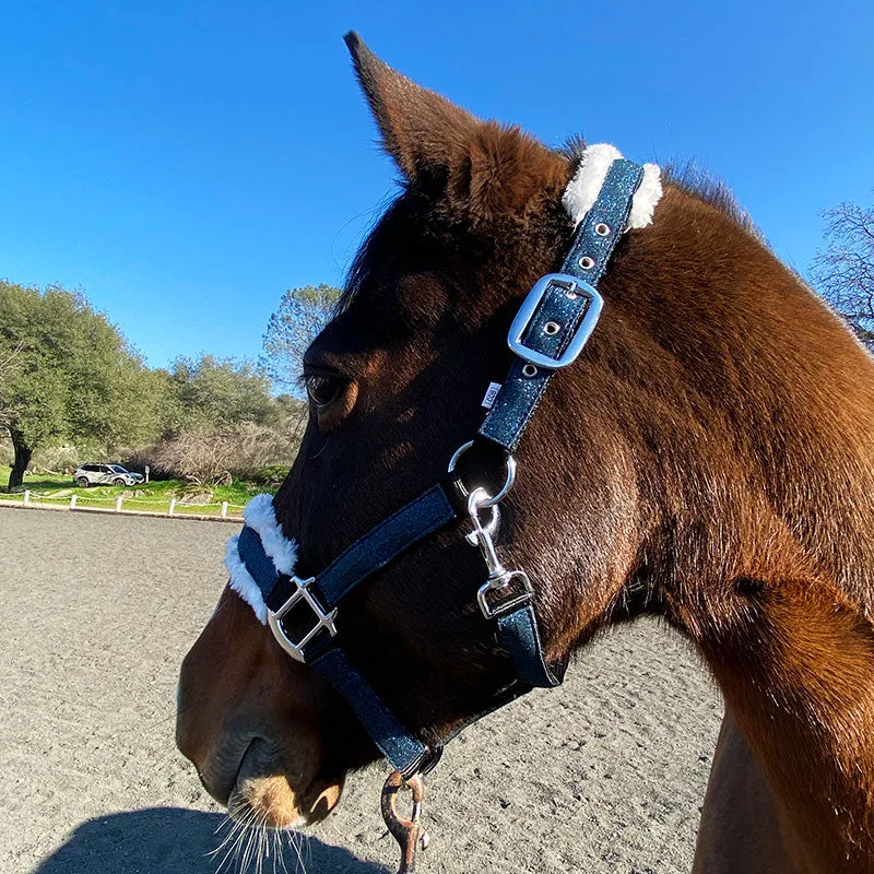 Sparkly Glitter Halter with Vegan Fur Navy Blue