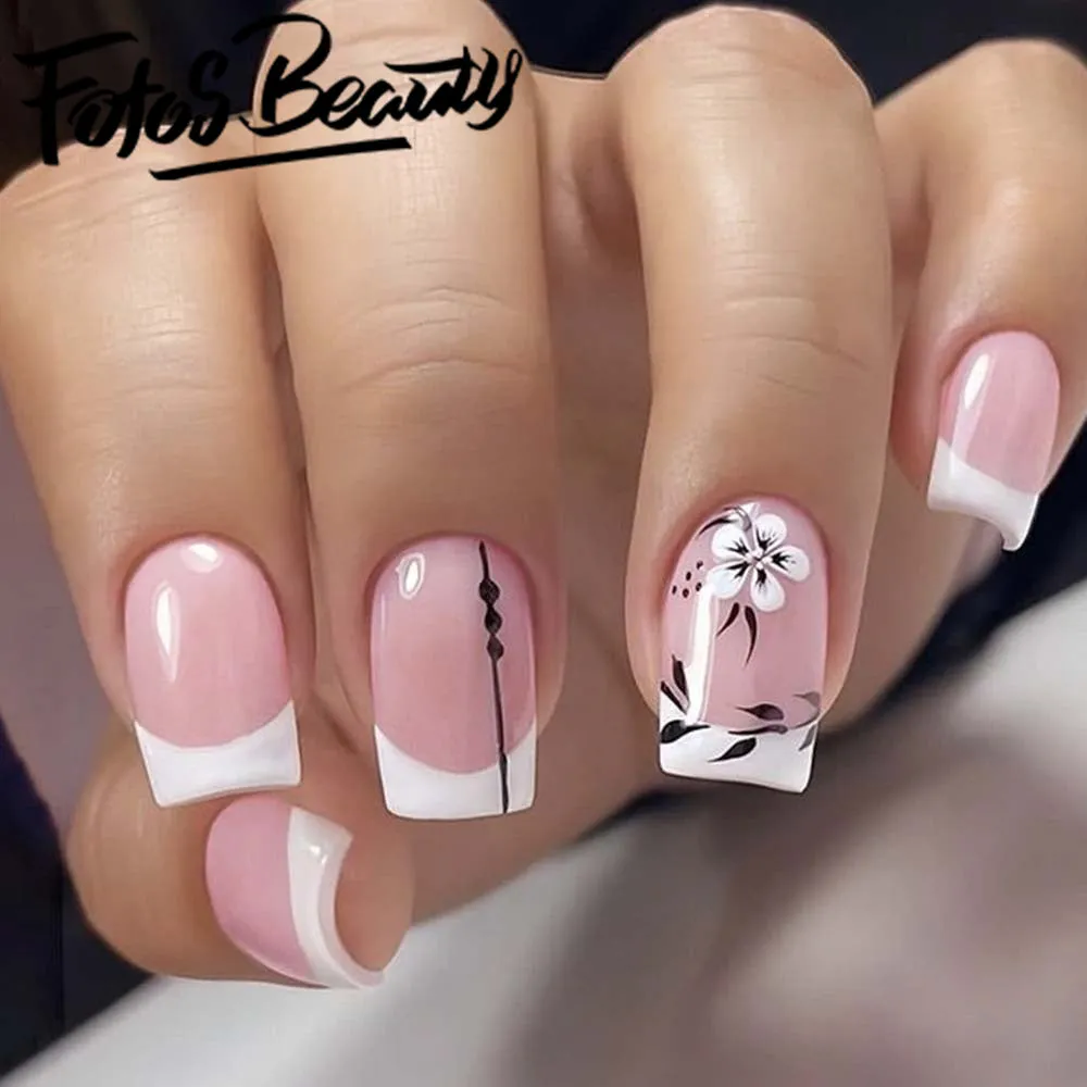 Square Early Spring Glossy Square Nail White Flower
