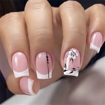 Square Early Spring Glossy Square Nail White Flower