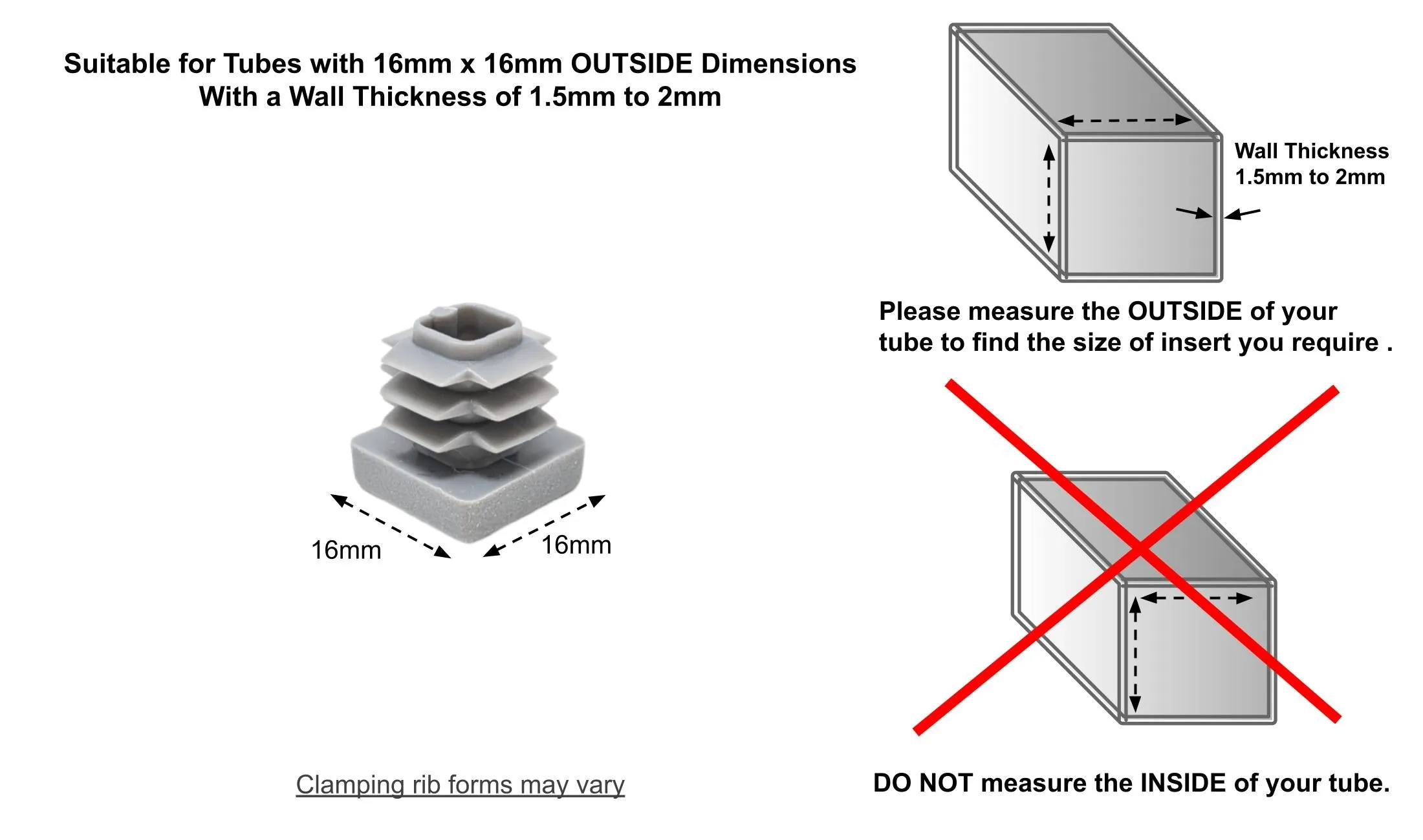 Square Tube Inserts 16x16mm - Grey | Made in Germany | Keay Vital Parts