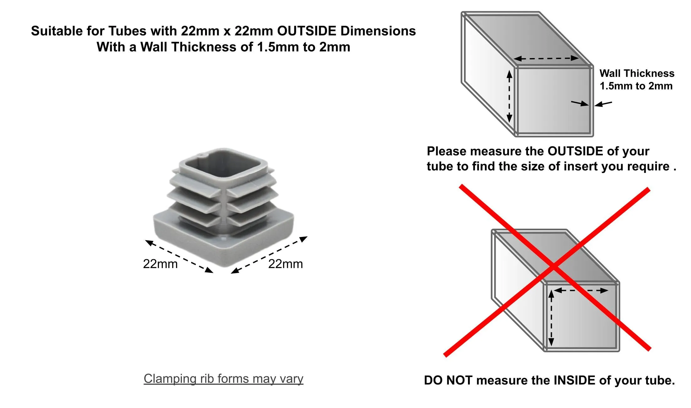Square Tube Inserts 22x22mm - Grey | Made in Germany | Keay Vital Parts