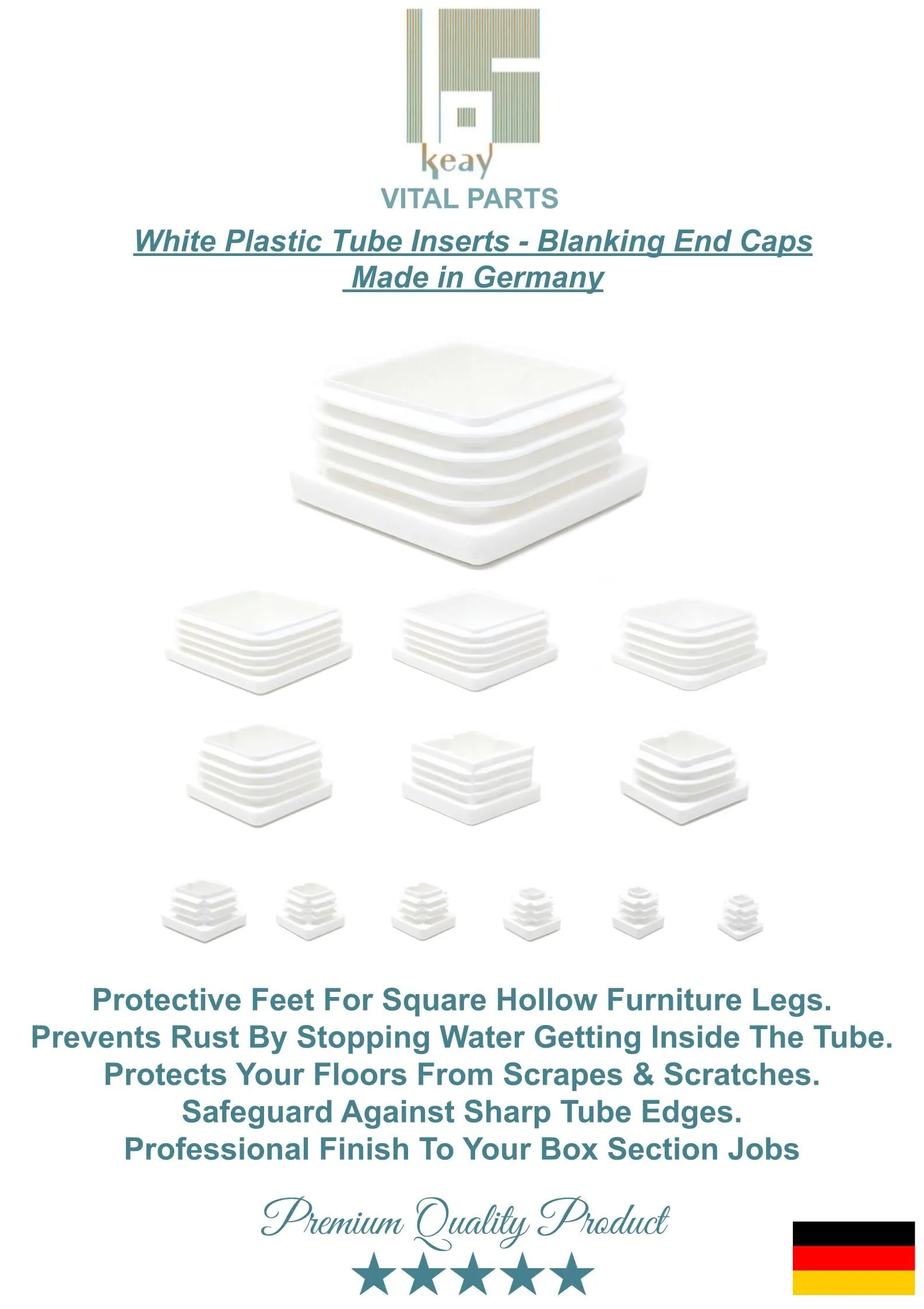 Square Tube Inserts 28x28mm - White | Made in Germany | Keay Vital Parts