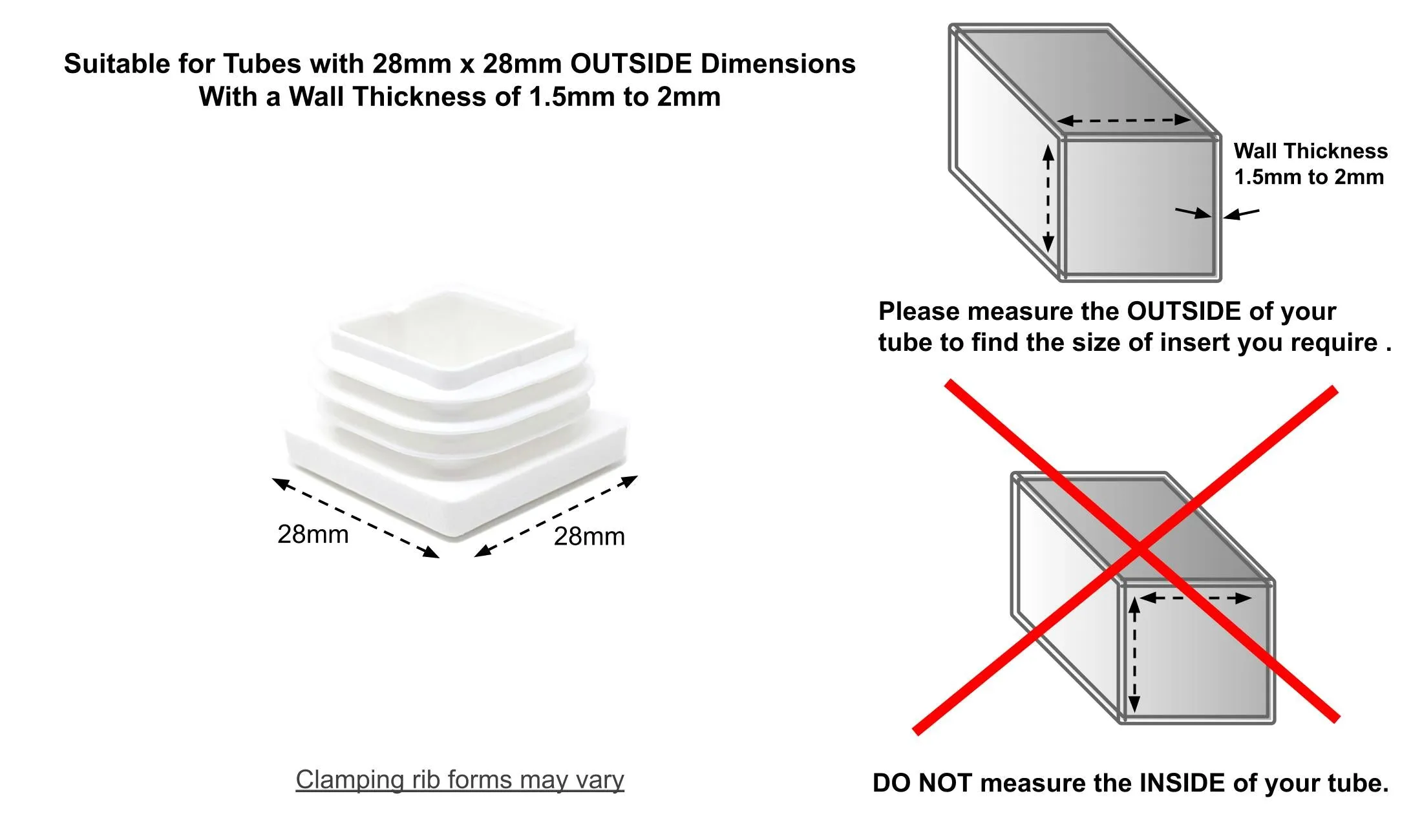 Square Tube Inserts 28x28mm - White | Made in Germany | Keay Vital Parts