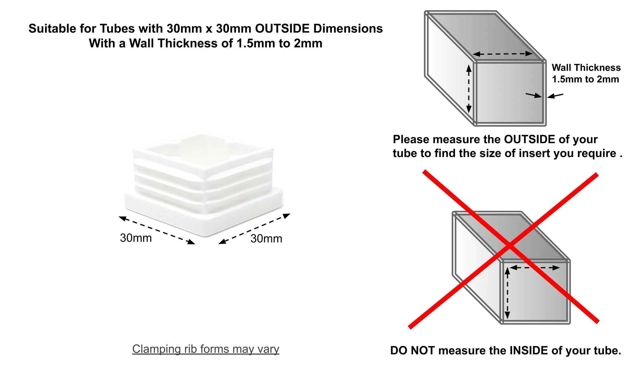 Square Tube Inserts 30x30mm - White | Made in Germany | Keay Vital Parts