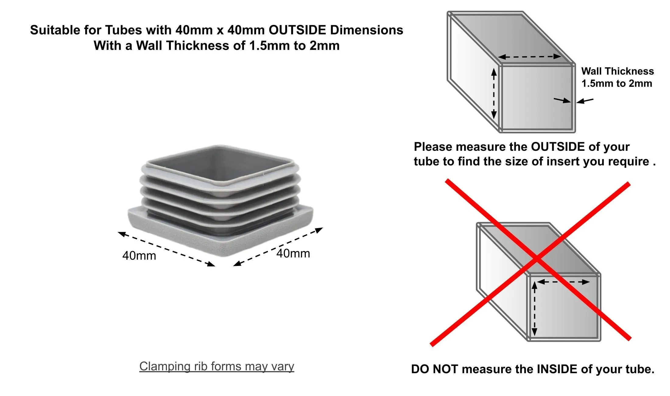 Square Tube Inserts 40x40mm - Grey | Made in Germany | Keay Vital Parts