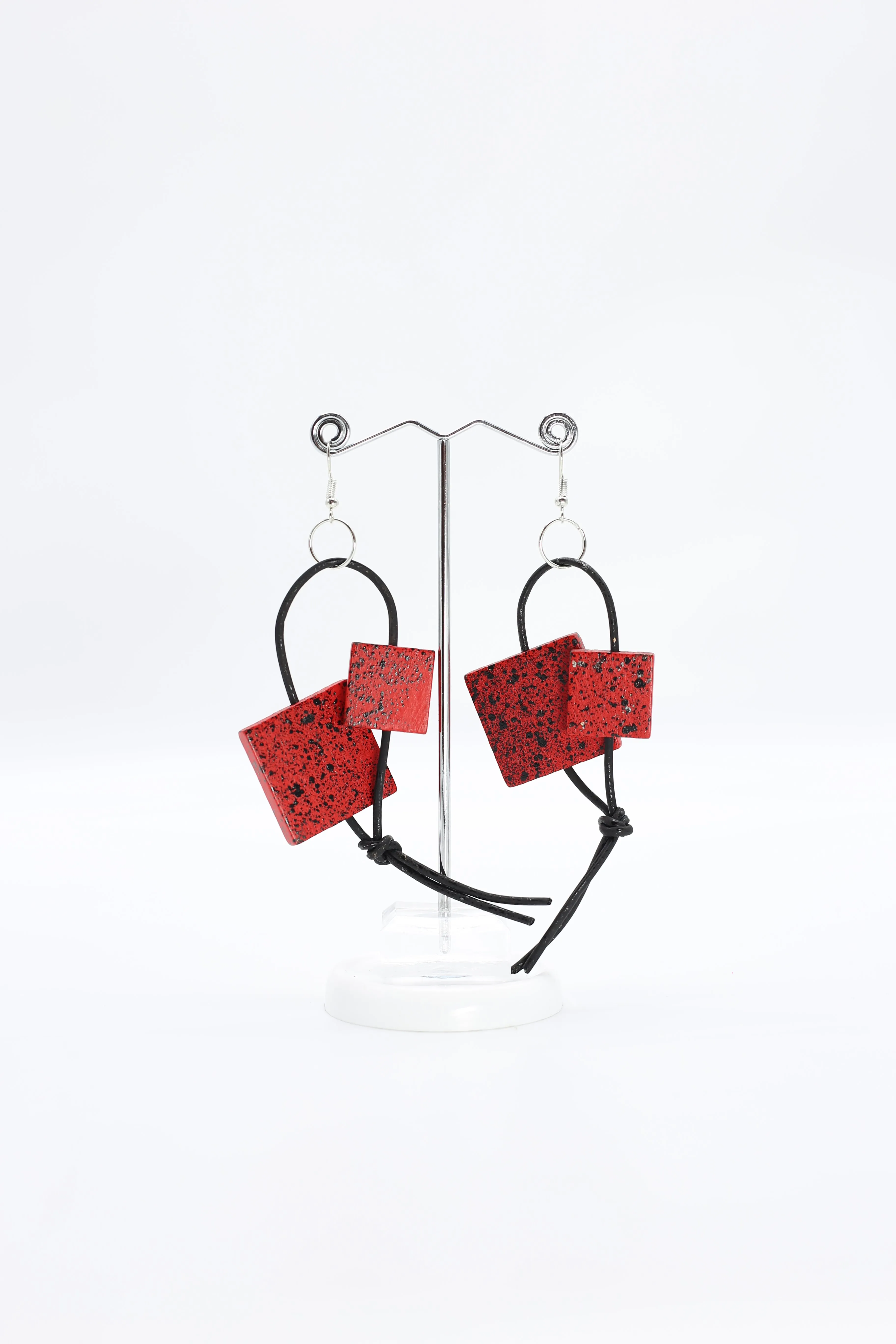 Squares on Leatherette Loop Earrings - Hand painted