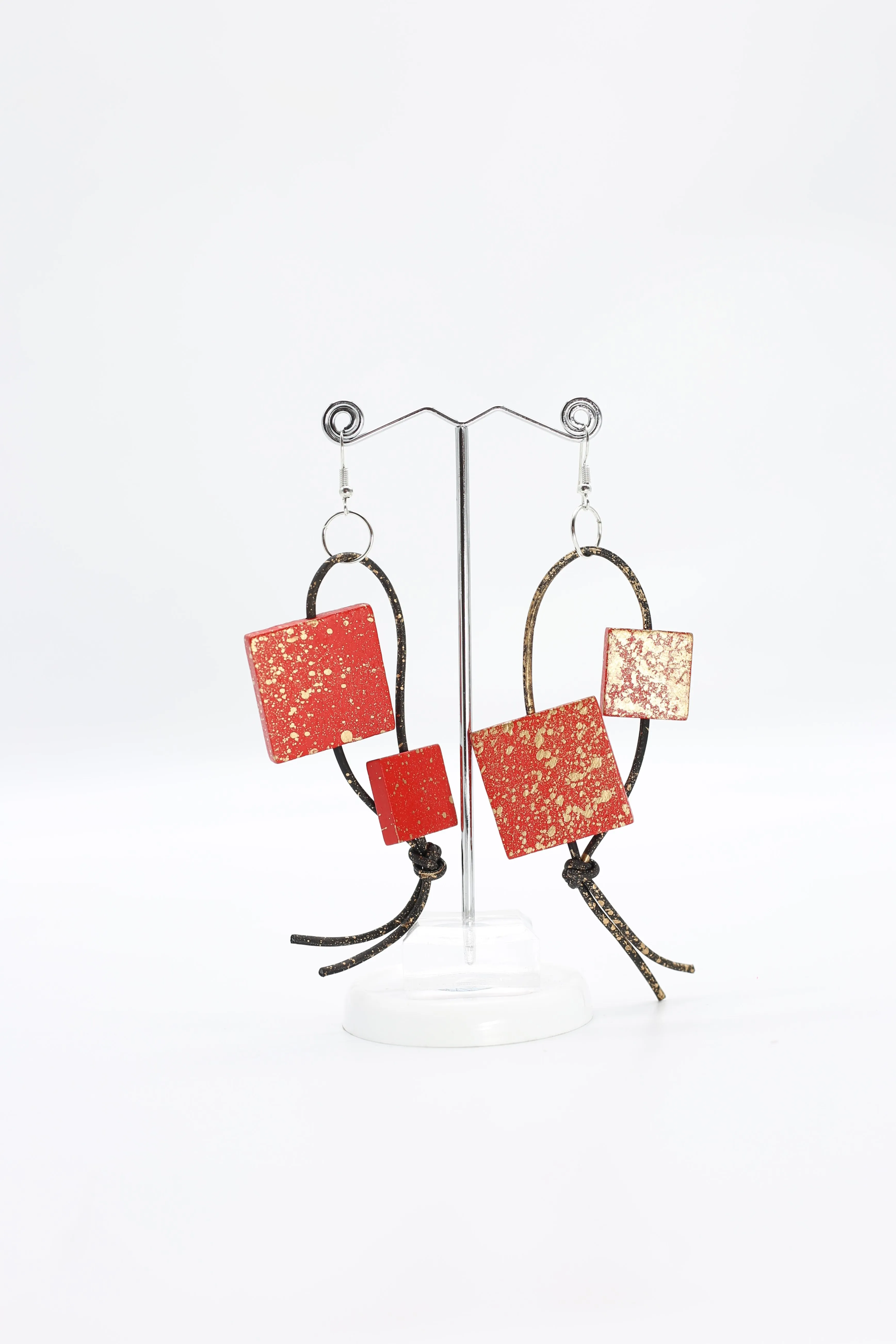 Squares on Leatherette Loop Earrings - Hand painted