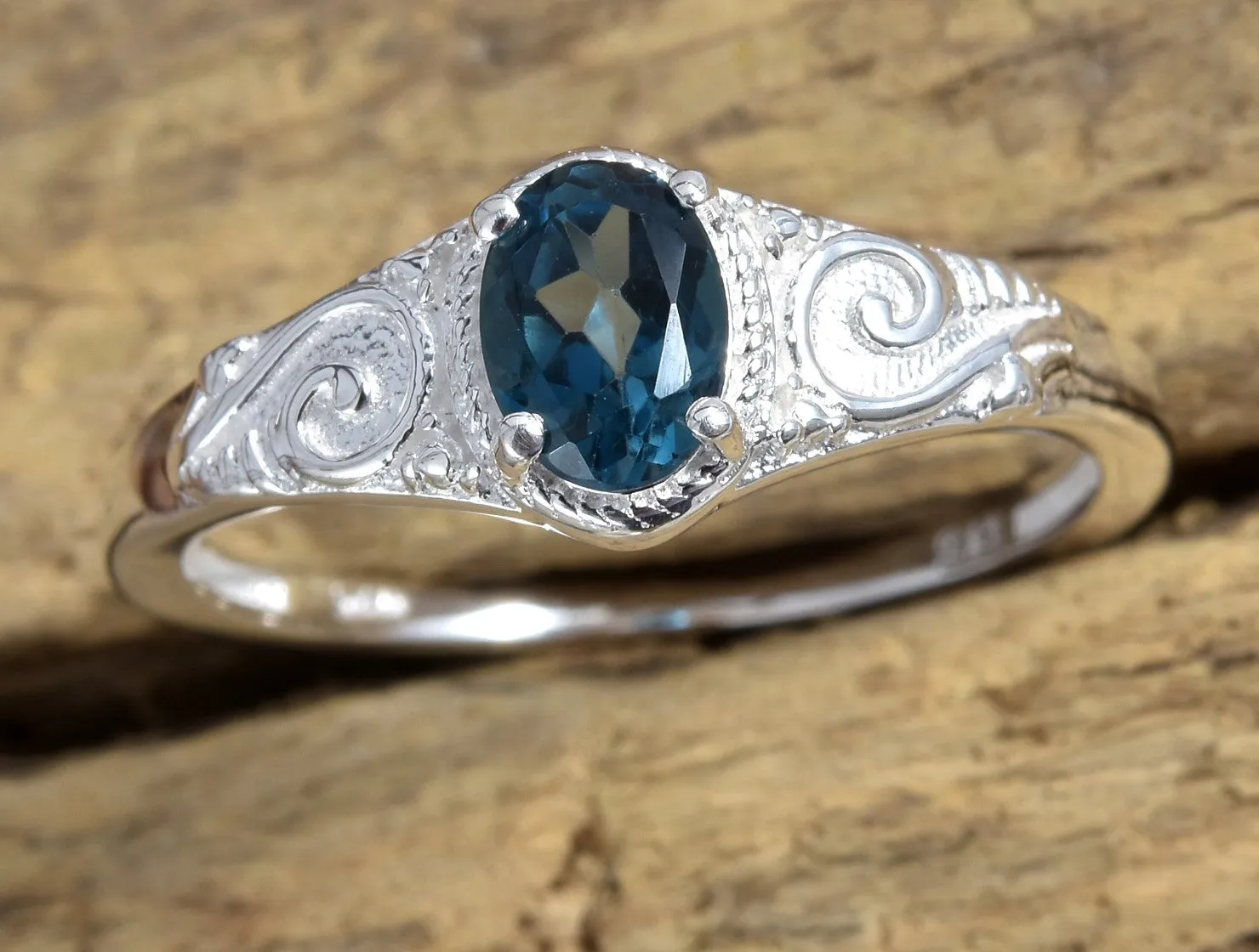 Sterling Silver .90 ct LONDON BLUE Topaz Scroll work Solitaire Ring