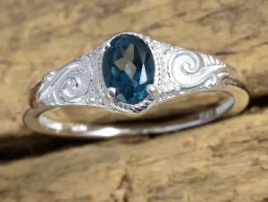 Sterling Silver .90 ct LONDON BLUE Topaz Scroll work Solitaire Ring