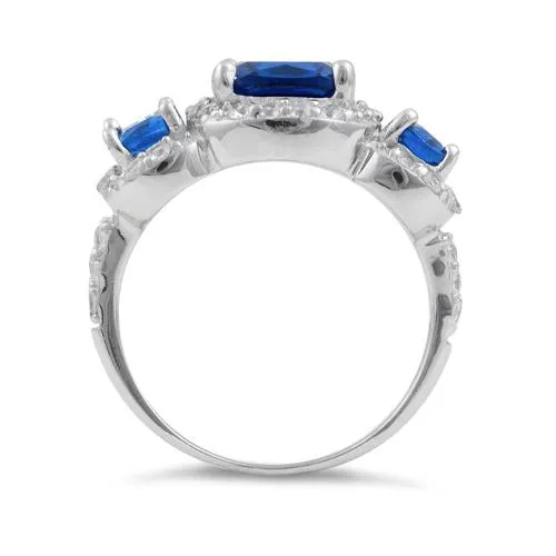 Sterling Silver Blue Sapphire Three Stone Halo CZ Ring