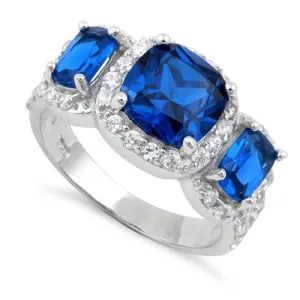 Sterling Silver Blue Sapphire Three Stone Halo CZ Ring