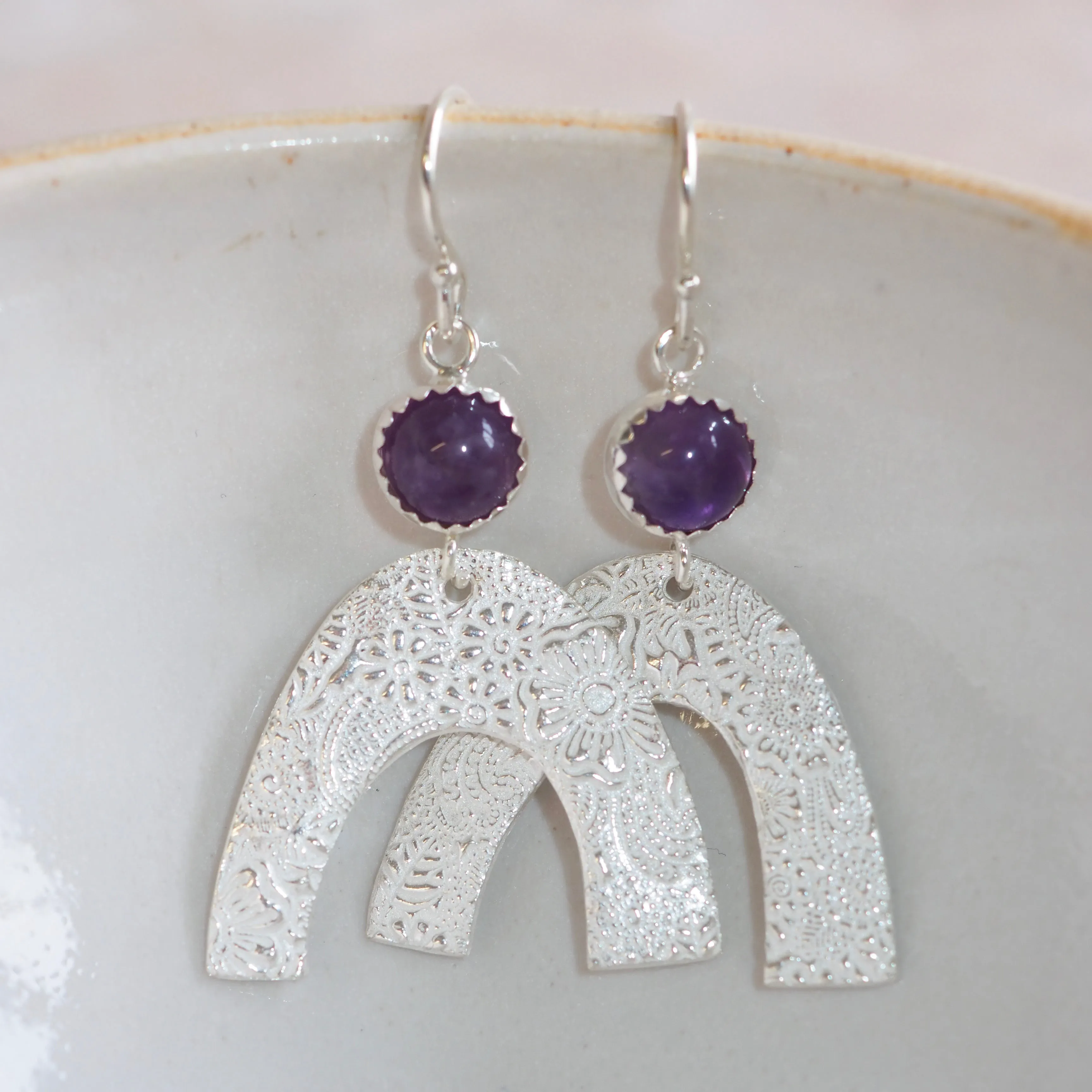 Sterling Silver Textured Rainbow Earrings with Amethyst