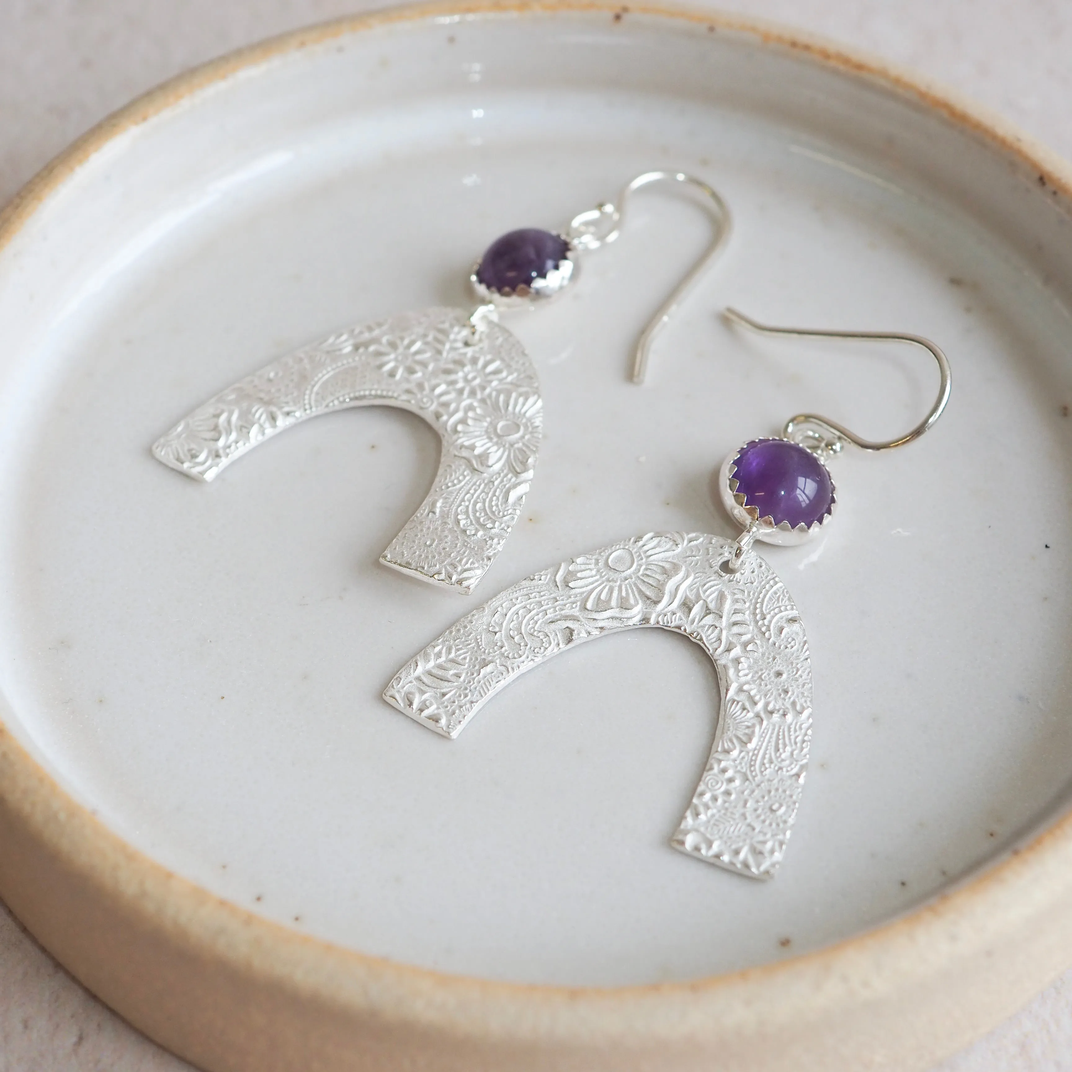 Sterling Silver Textured Rainbow Earrings with Amethyst