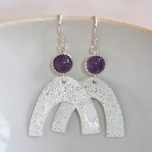 Sterling Silver Textured Rainbow Earrings with Amethyst