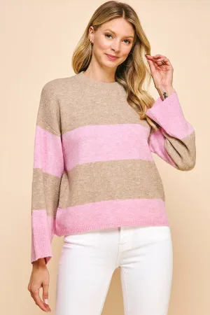 Stripe Pullover Sweater - Taupe/Pink