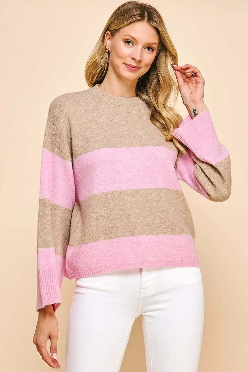 Stripe Pullover Sweater - Taupe/Pink