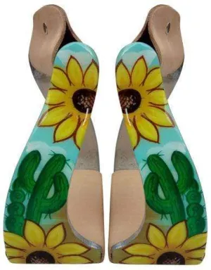 Sunflower & Cactus Twisted Angled Aluminium Stirrups with Sky Blue Background