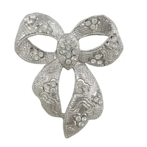 Textured Bow with Clear Crystals Brooch Pin - PRF331