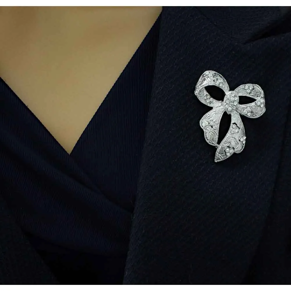 Textured Bow with Clear Crystals Brooch Pin - PRF331