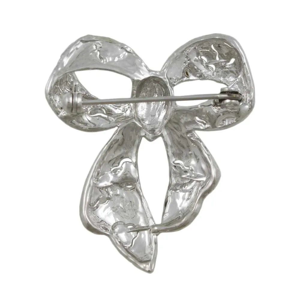 Textured Bow with Clear Crystals Brooch Pin - PRF331