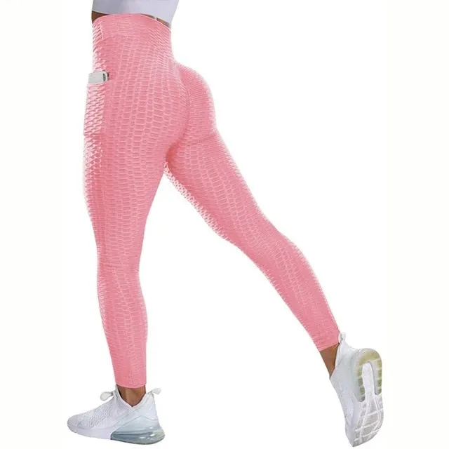 Textured High Rise Leggings - Pink No Pockets