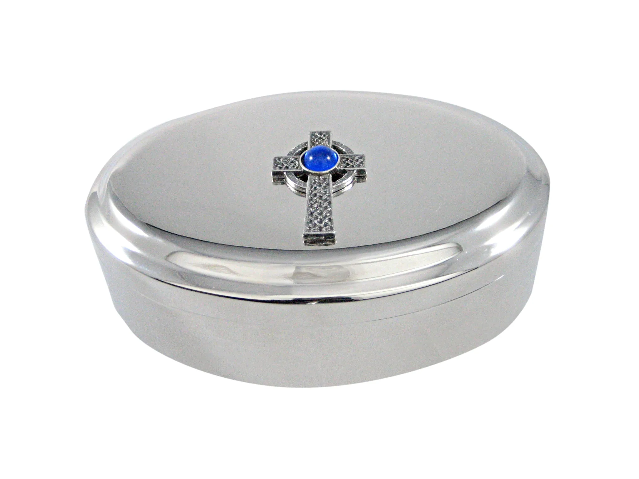 Textured Large Celtic Cross with Blue Center Pendant Oval Trinket Jewelry Box