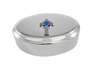 Textured Large Celtic Cross with Blue Center Pendant Oval Trinket Jewelry Box