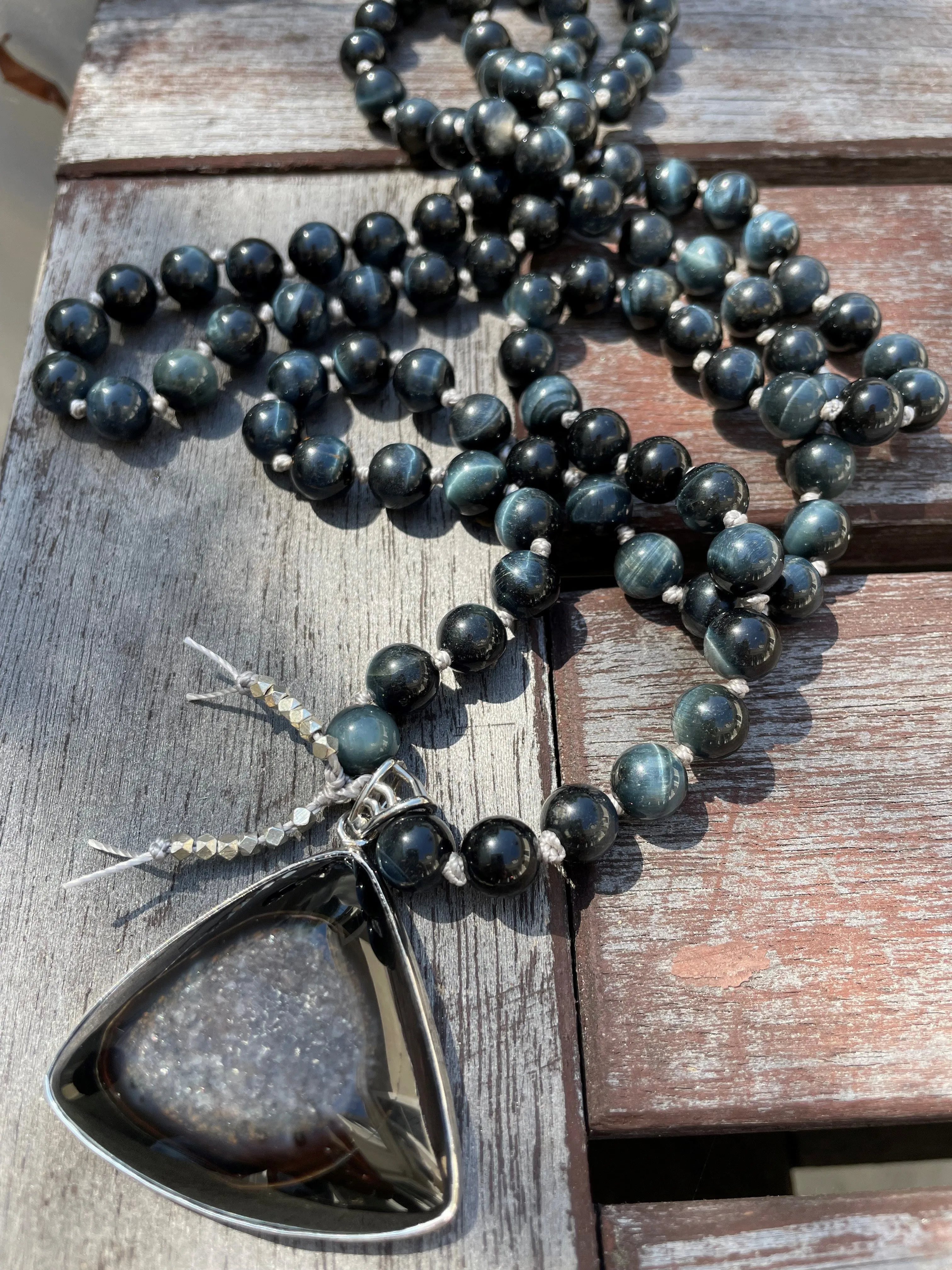Tiger's Eye and Triangle Druzy Mala