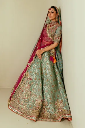 Traditional Pakistani Bridal Lehenga in Embellished Heavy Zardozi Work on Sky Blue Lehenga Choli for Pakistani Brides in Atlas Jamawar #BN932