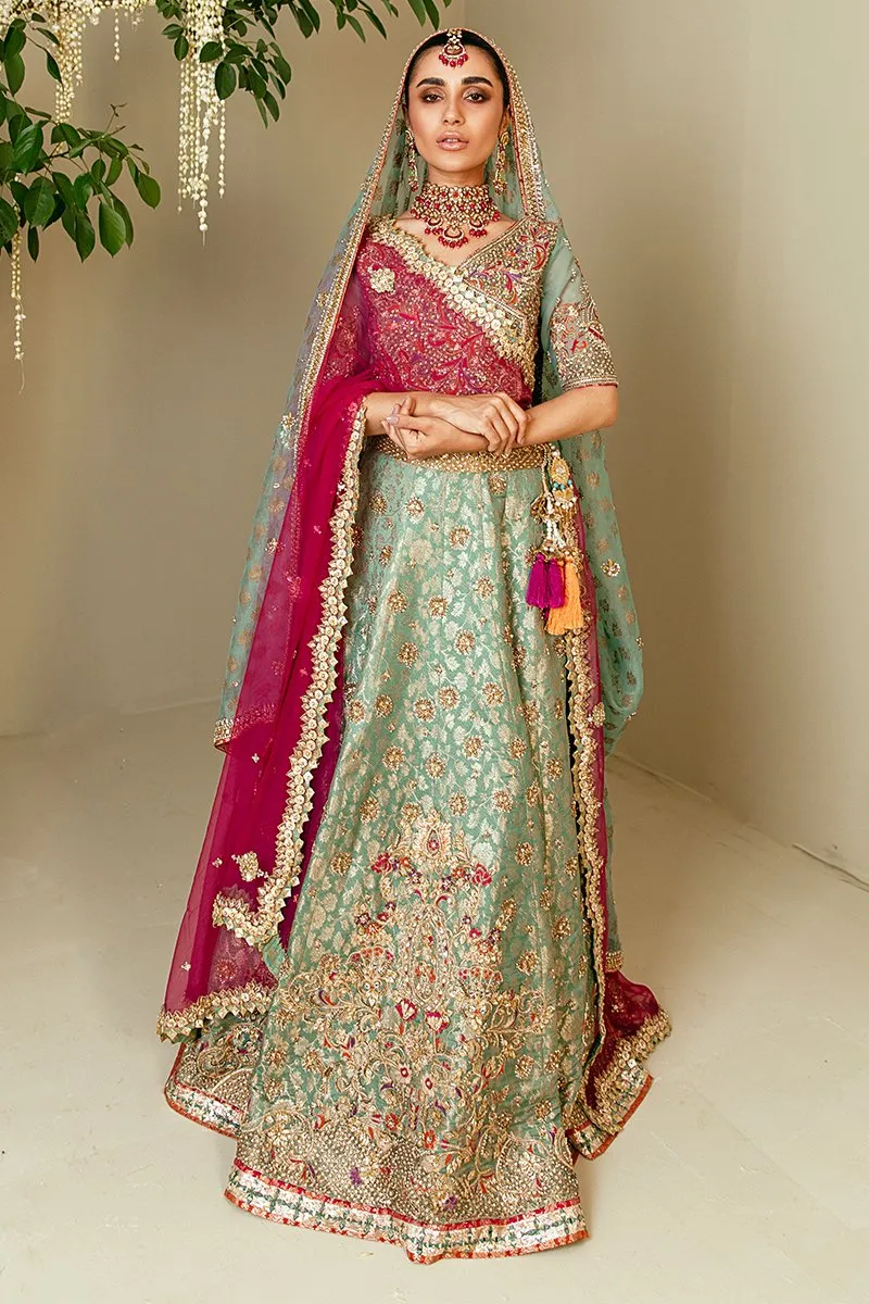 Traditional Pakistani Bridal Lehenga in Embellished Heavy Zardozi Work on Sky Blue Lehenga Choli for Pakistani Brides in Atlas Jamawar #BN932
