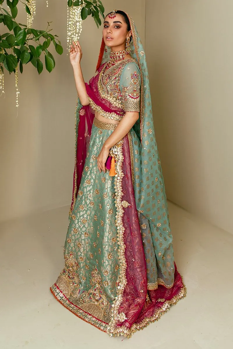 Traditional Pakistani Bridal Lehenga in Embellished Heavy Zardozi Work on Sky Blue Lehenga Choli for Pakistani Brides in Atlas Jamawar #BN932