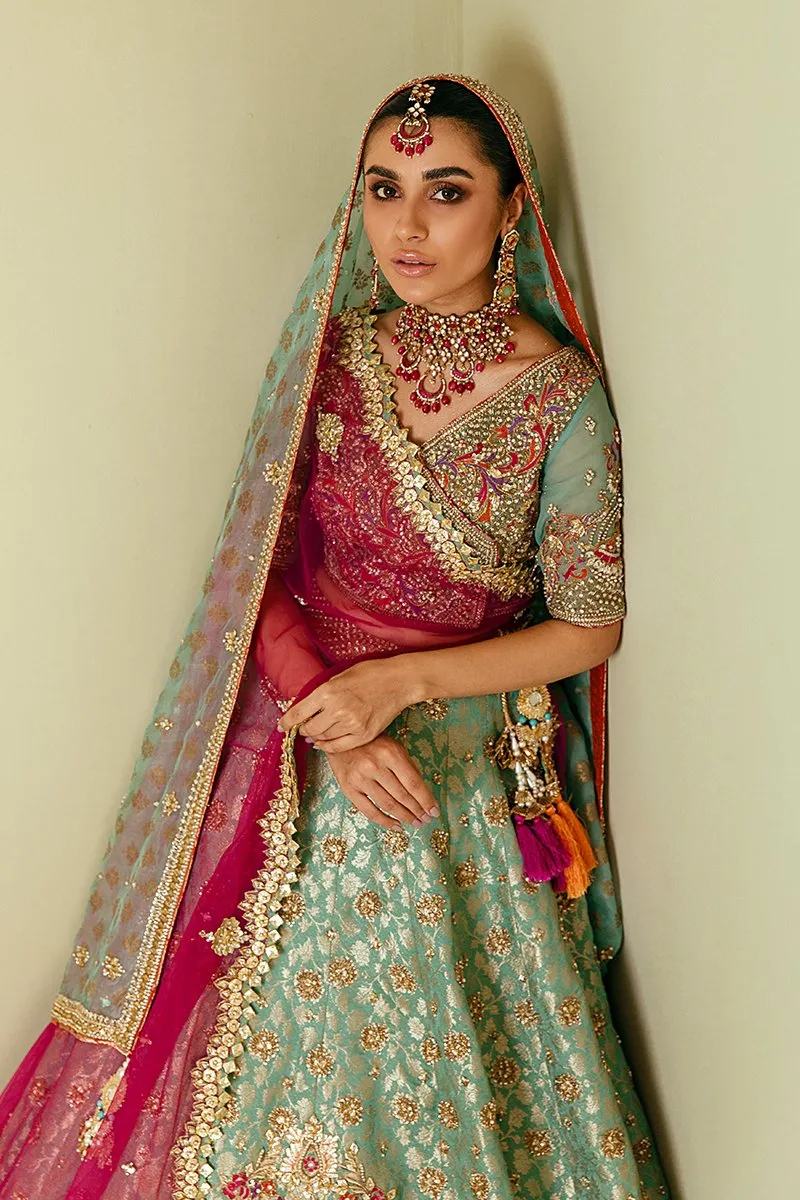 Traditional Pakistani Bridal Lehenga in Embellished Heavy Zardozi Work on Sky Blue Lehenga Choli for Pakistani Brides in Atlas Jamawar #BN932