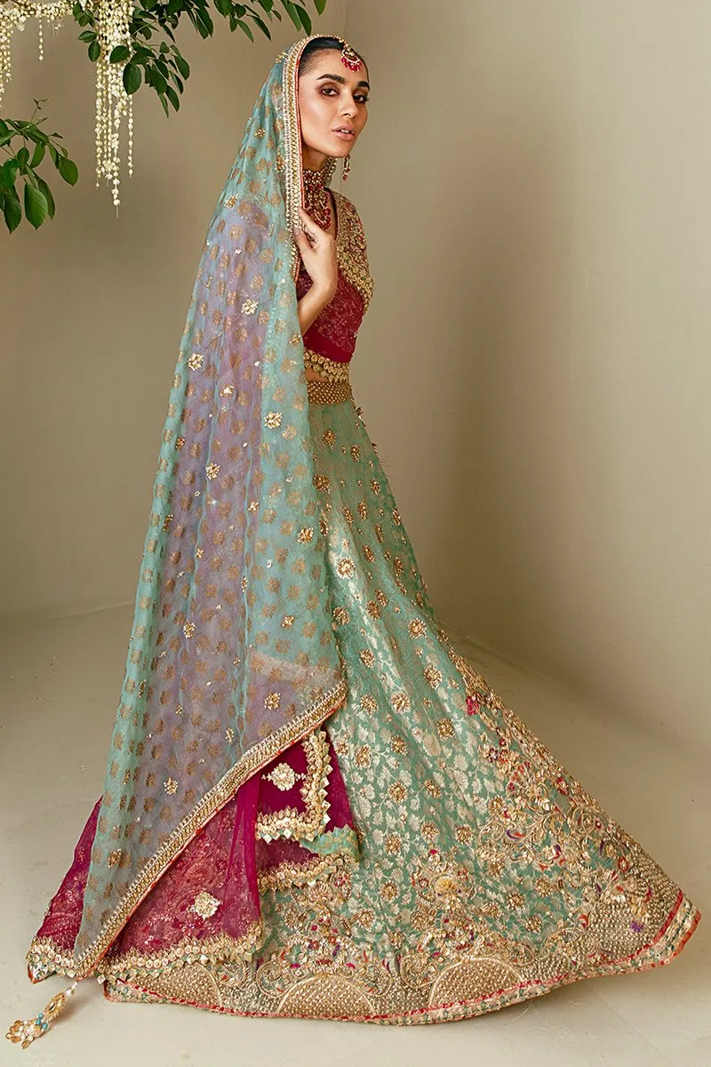 Traditional Pakistani Bridal Lehenga in Embellished Heavy Zardozi Work on Sky Blue Lehenga Choli for Pakistani Brides in Atlas Jamawar #BN932