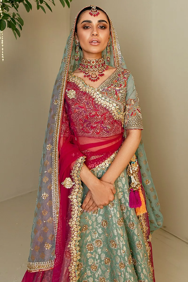 Traditional Pakistani Bridal Lehenga in Embellished Heavy Zardozi Work on Sky Blue Lehenga Choli for Pakistani Brides in Atlas Jamawar #BN932