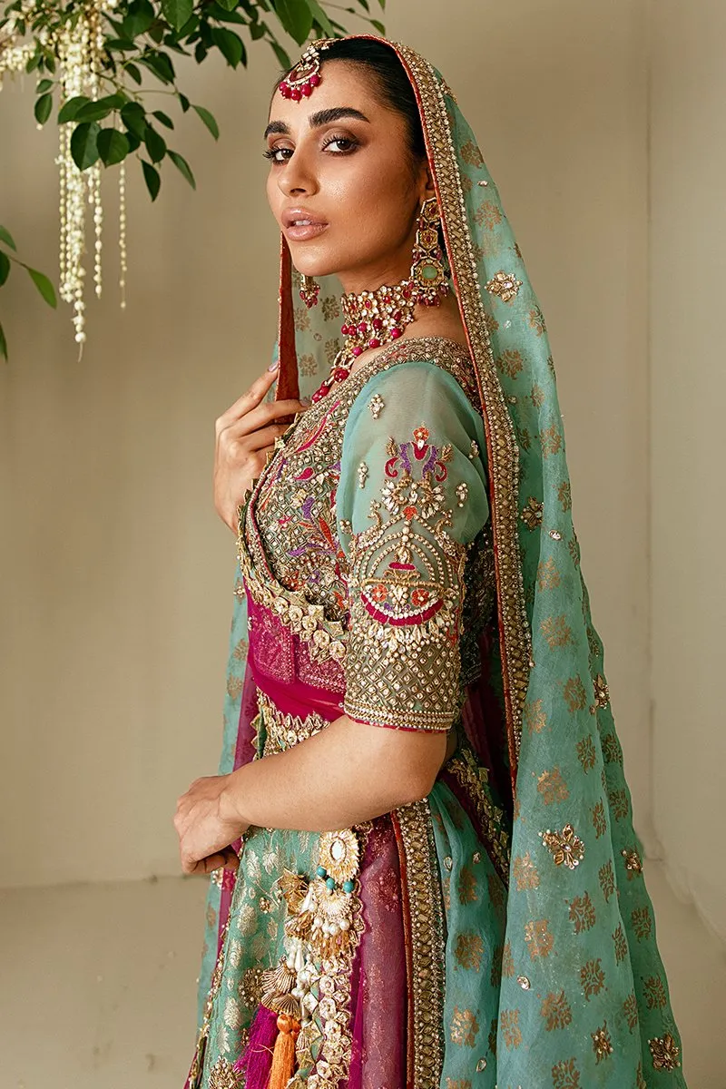 Traditional Pakistani Bridal Lehenga in Embellished Heavy Zardozi Work on Sky Blue Lehenga Choli for Pakistani Brides in Atlas Jamawar #BN932